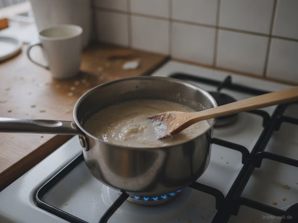 Haferflocken köcheln cremig in Milch im Topf