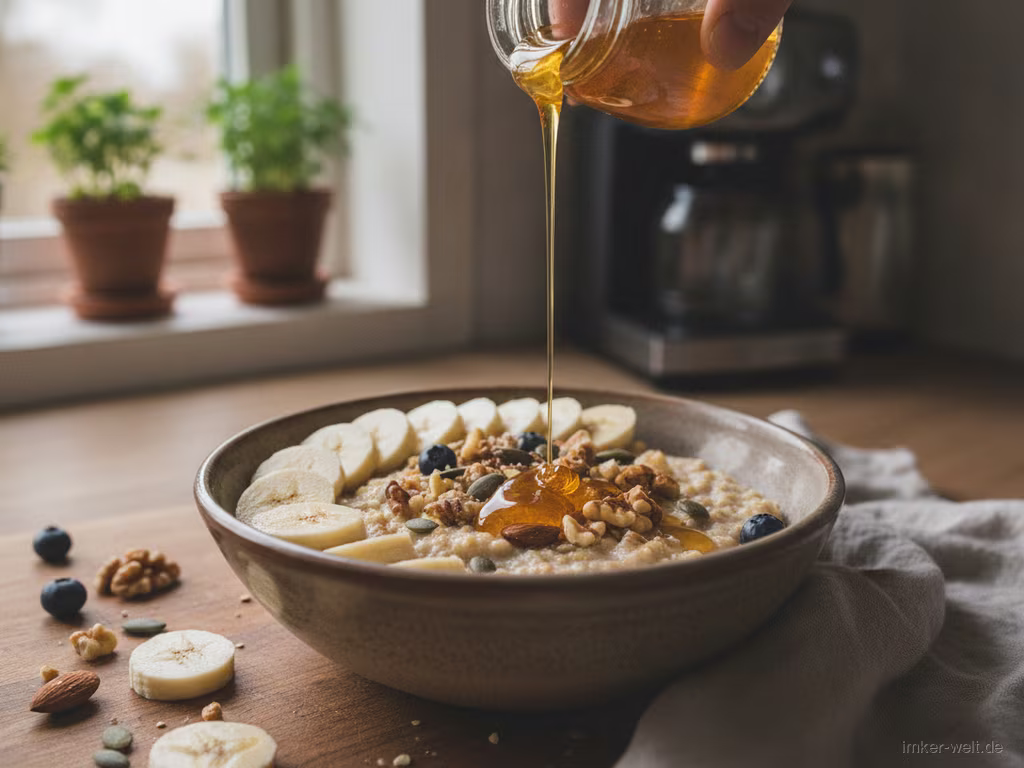 Honig wird über das Porridge mit Banane und Nüssen geträufelt