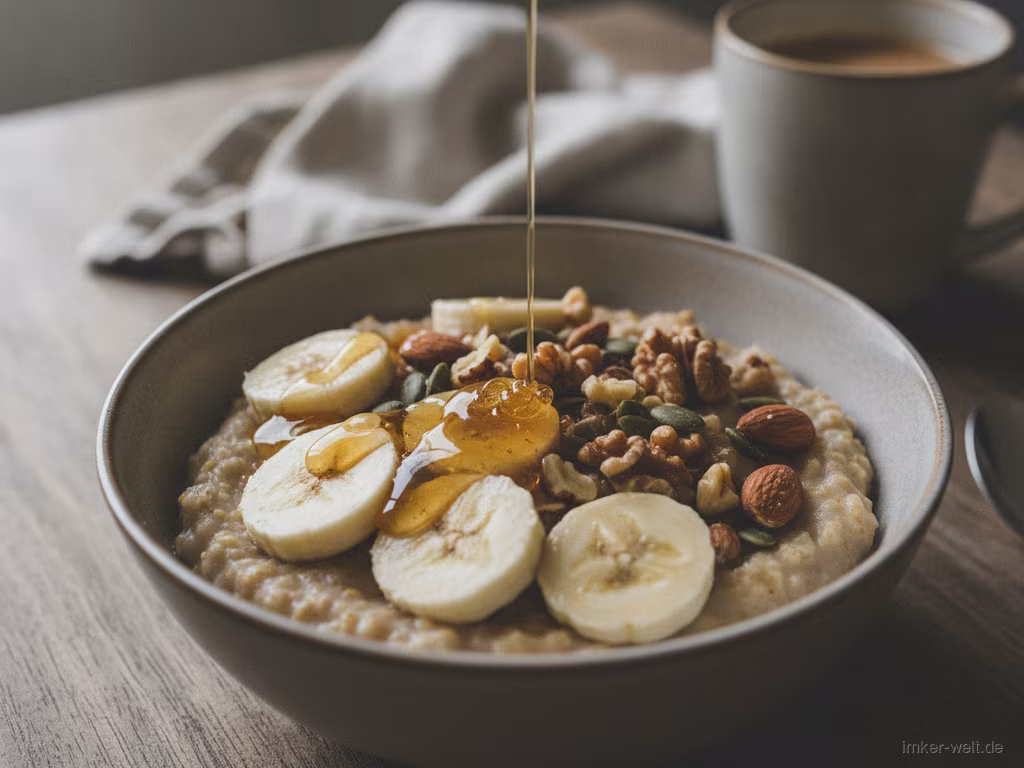 Warme Schüssel cremiges Porridge mit Honig, Bananenscheiben und Nüssen