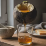 Ausgehöhlter schwarzer Rettich mit Honig gefüllt, Sirup tropft in ein Glas