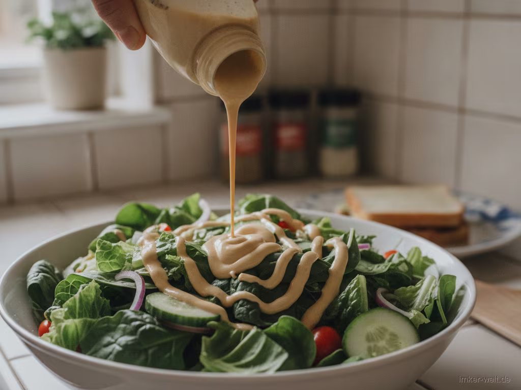 Honig-Senf-Dressing wird über grünen Salat geträufelt