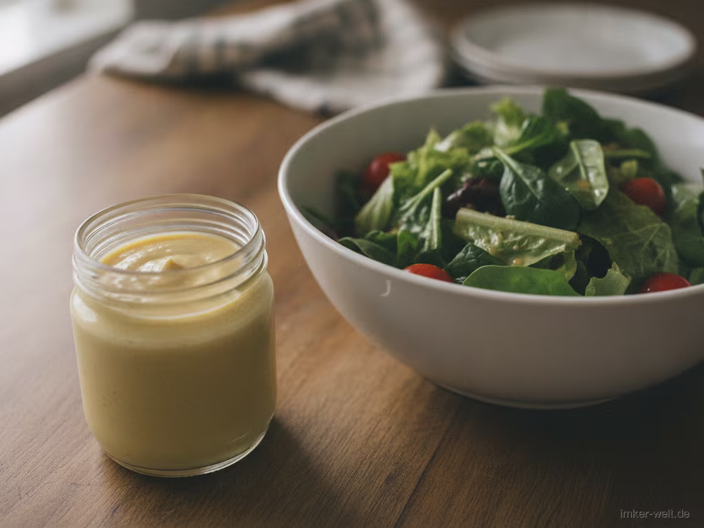 Glas cremiges Honig-Senf-Dressing neben einer Schüssel grünem Salat