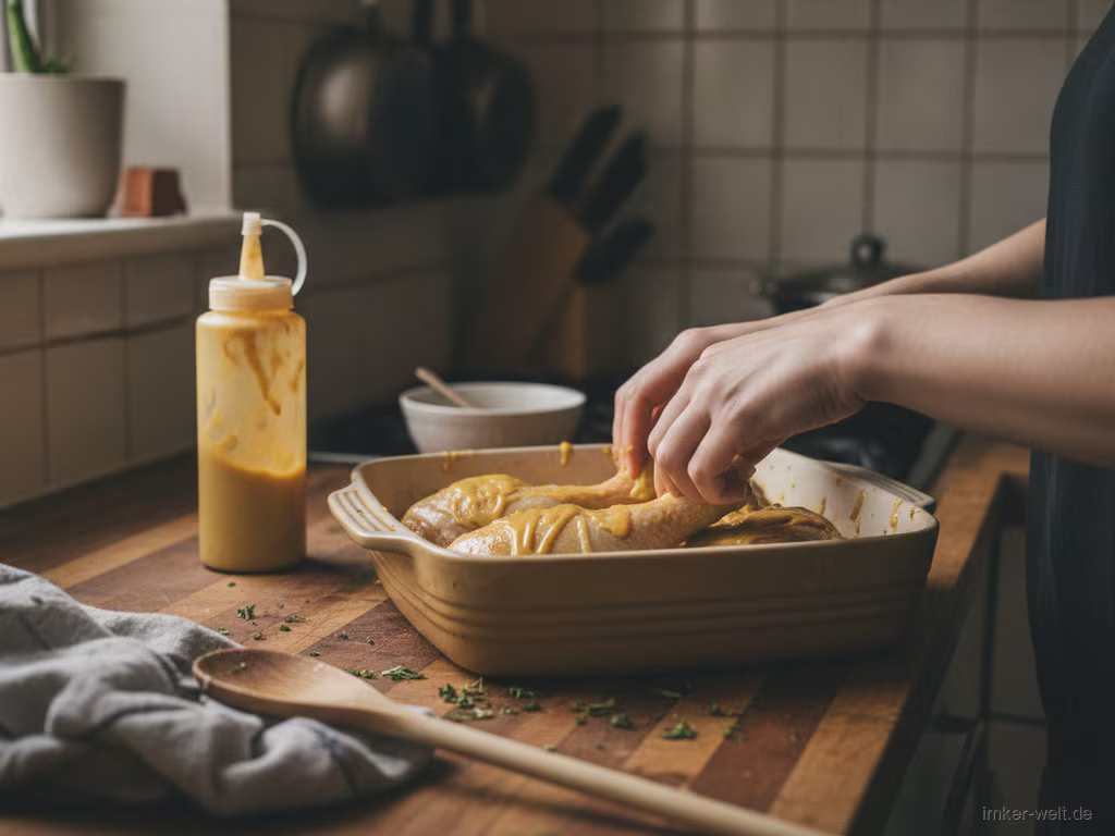 Hähnchenschenkel werden mit Honig-Senf-Sauce eingerieben