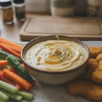 Schälchen cremige Honig-Senf-Sauce mit Gemüsesticks daneben