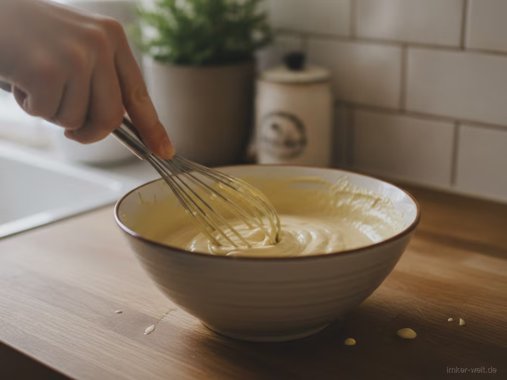 Honig-Senf wird mit Crème fraîche cremig gerührt