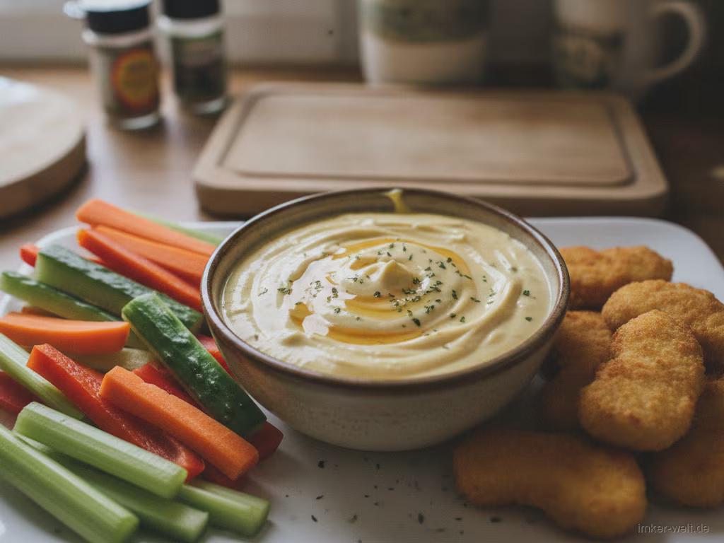 Schälchen cremige Honig-Senf-Sauce mit Gemüsesticks daneben