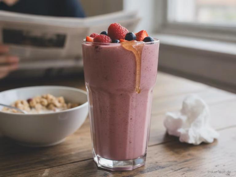 Glas cremiger Beeren-Bananen-Smoothie mit Honig und Beeren obenauf