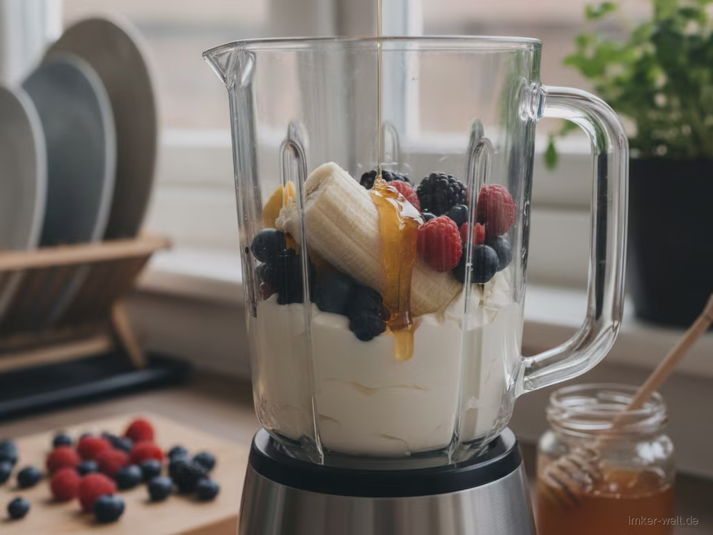 Banane, Beeren, Joghurt und Honig im Mixer