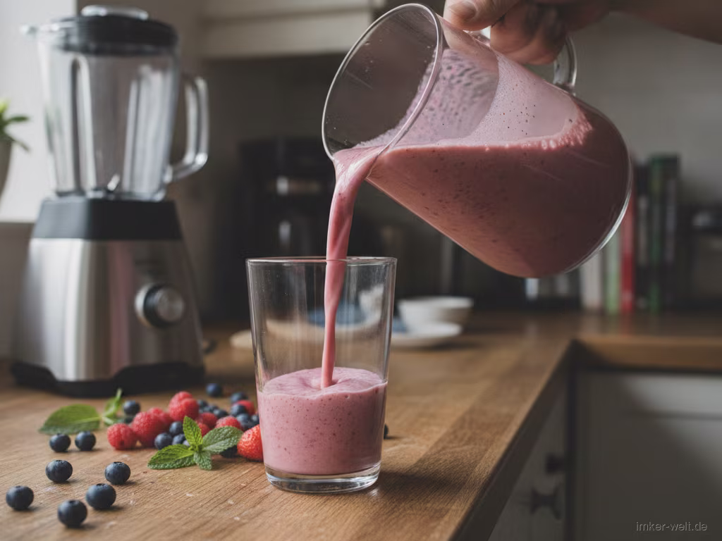 Cremiger Beeren-Smoothie wird ins Glas gegossen