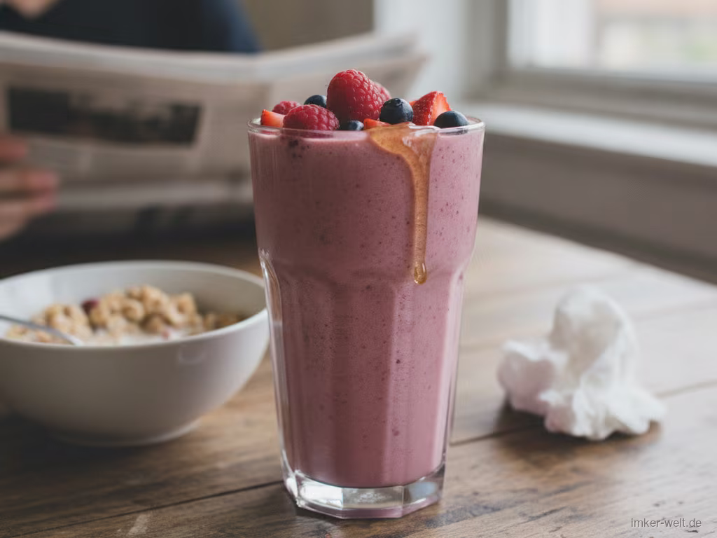 Glas cremiger Beeren-Bananen-Smoothie mit Honig und Beeren obenauf