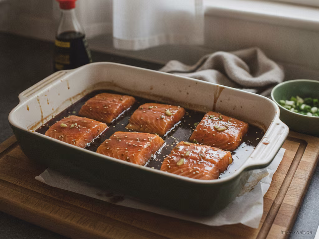 Lachsfilets liegen in der Honig-Soja-Marinade