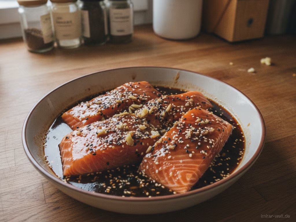 Lachsfilets in dunkler Honig-Soja-Marinade mit Sesam und Ingwer