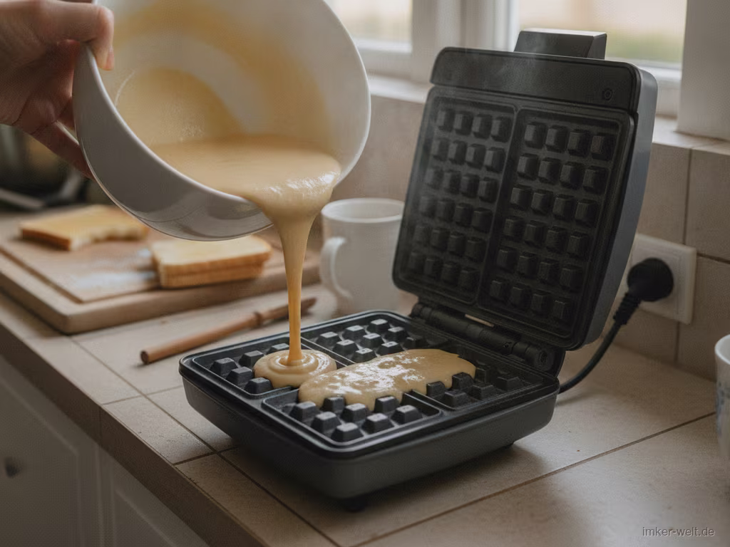Waffelteig wird ins heiße Waffeleisen gegossen