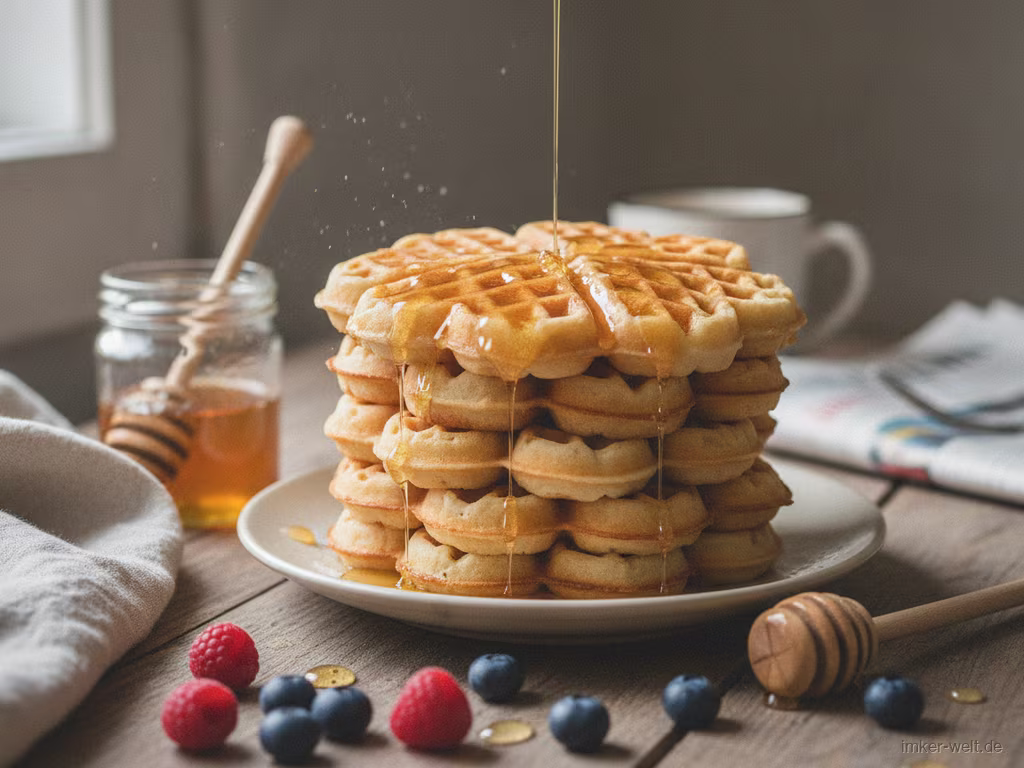 Stapel goldener herzförmiger Waffeln mit herablaufendem Honig