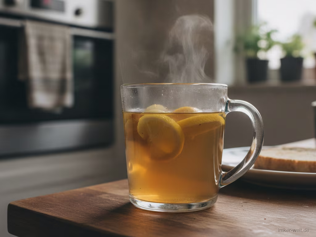 Glas Ingwer-Zitronen-Tee mit Honig, frischen Ingwerscheiben und Zitrone