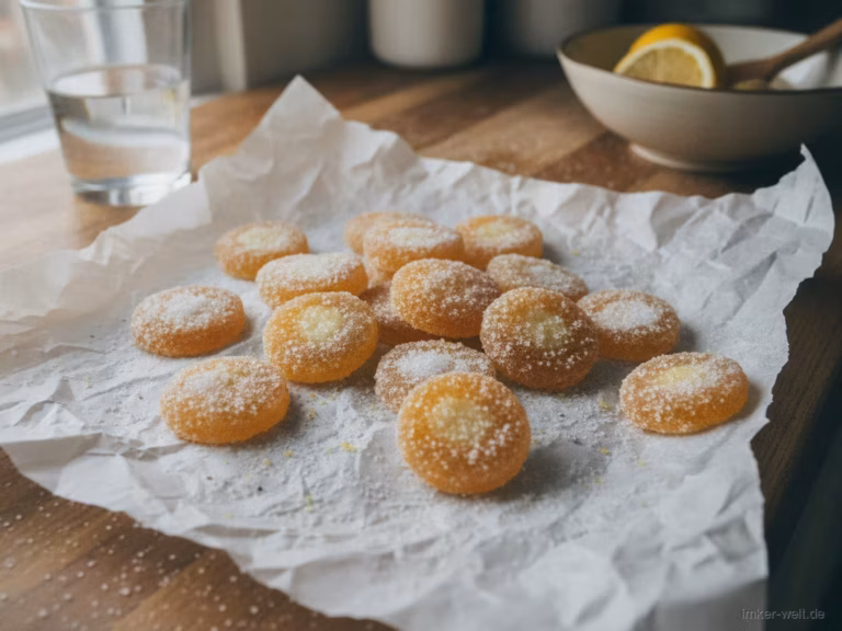 Selbst gemachte bernsteinfarbene Honig-Zitronen-Bonbons auf Backpapier