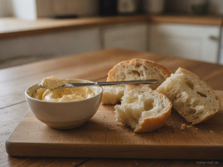 Schälchen cremige Honigbutter mit Messer und frischem Brot