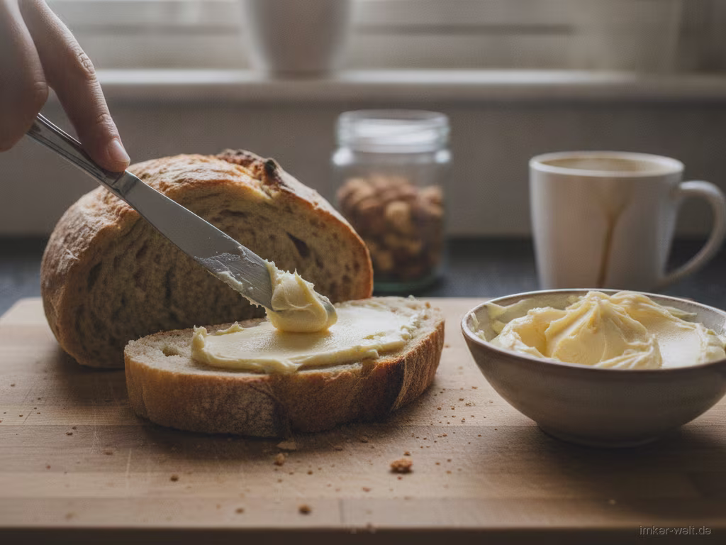 Cremige Honigbutter wird auf frisches Brot gestrichen