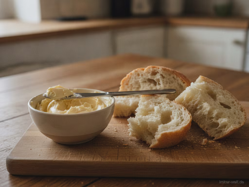Schälchen cremige Honigbutter mit Messer und frischem Brot