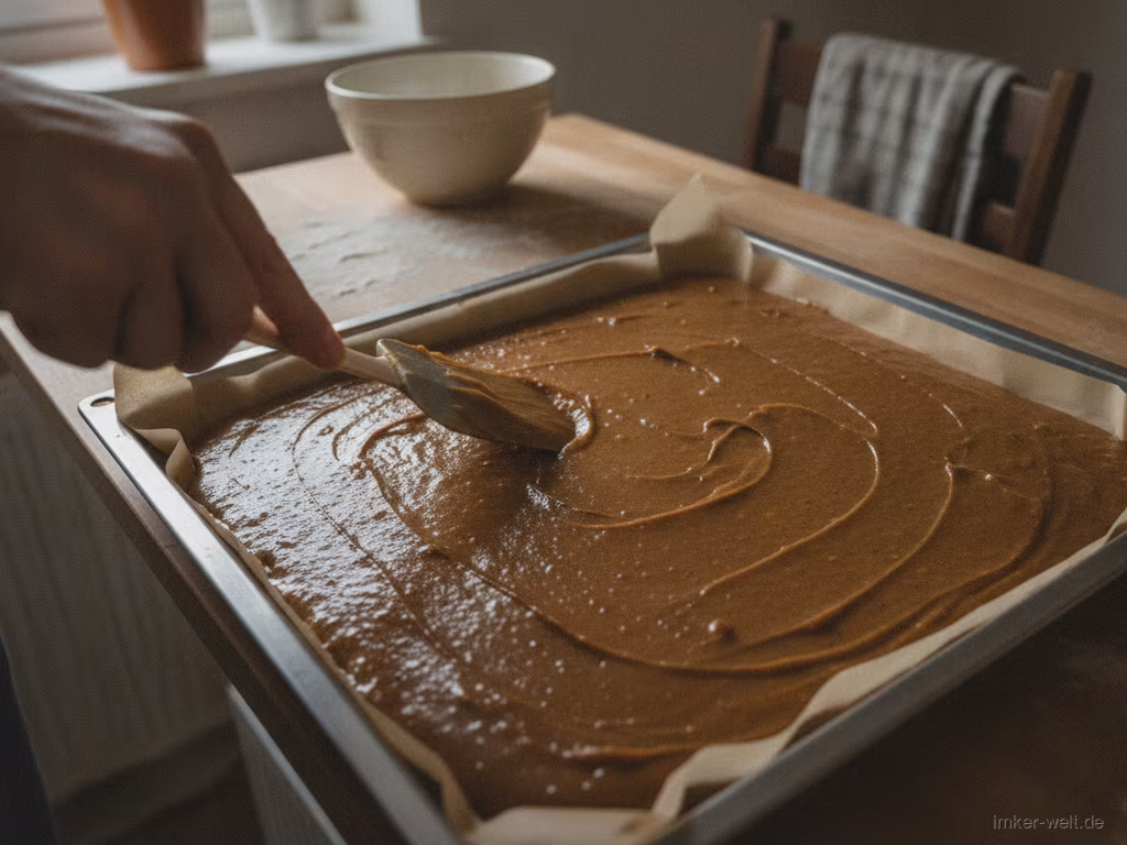 Honigkuchen-Teig wird auf dem Blech verstrichen