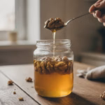 Glas Walnüsse in goldenem Honig eingelegt, ein Löffel hebt einige heraus