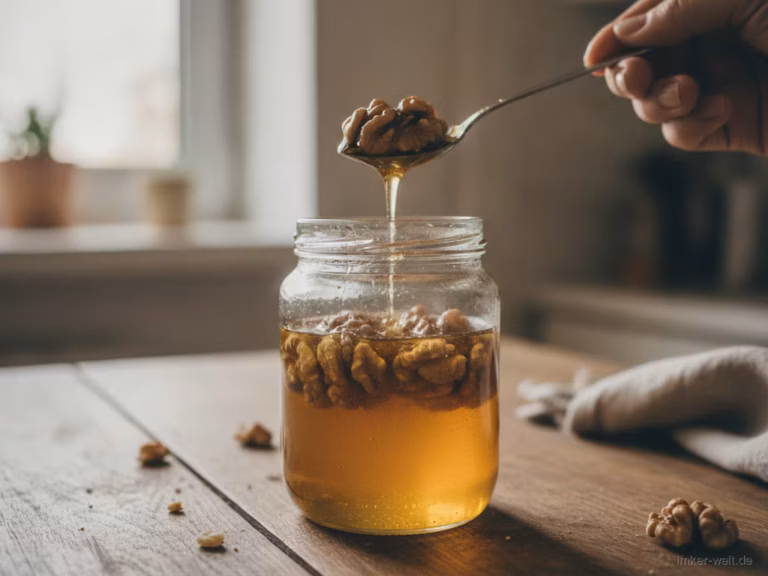 Glas Walnüsse in goldenem Honig eingelegt, ein Löffel hebt einige heraus