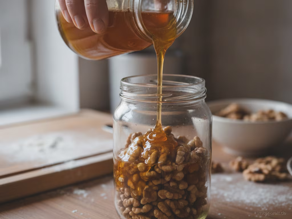 Goldener Honig wird über die Walnüsse im Glas gegossen