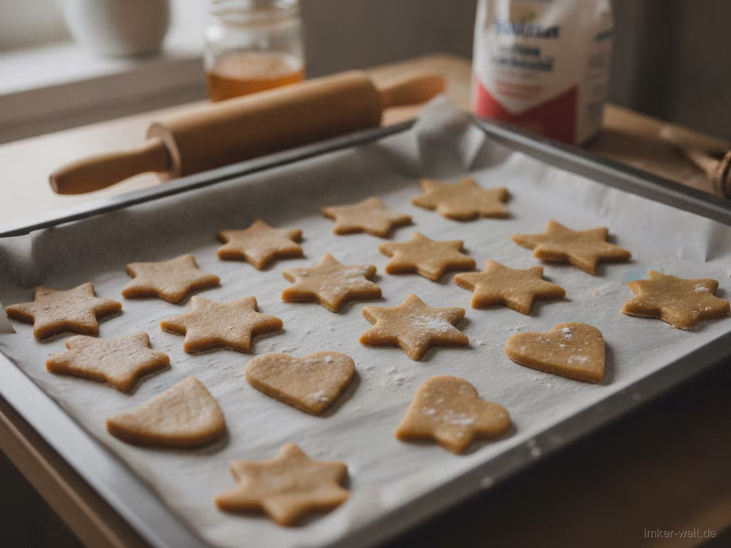 Ausgestochene Honigplätzchen auf dem Backblech