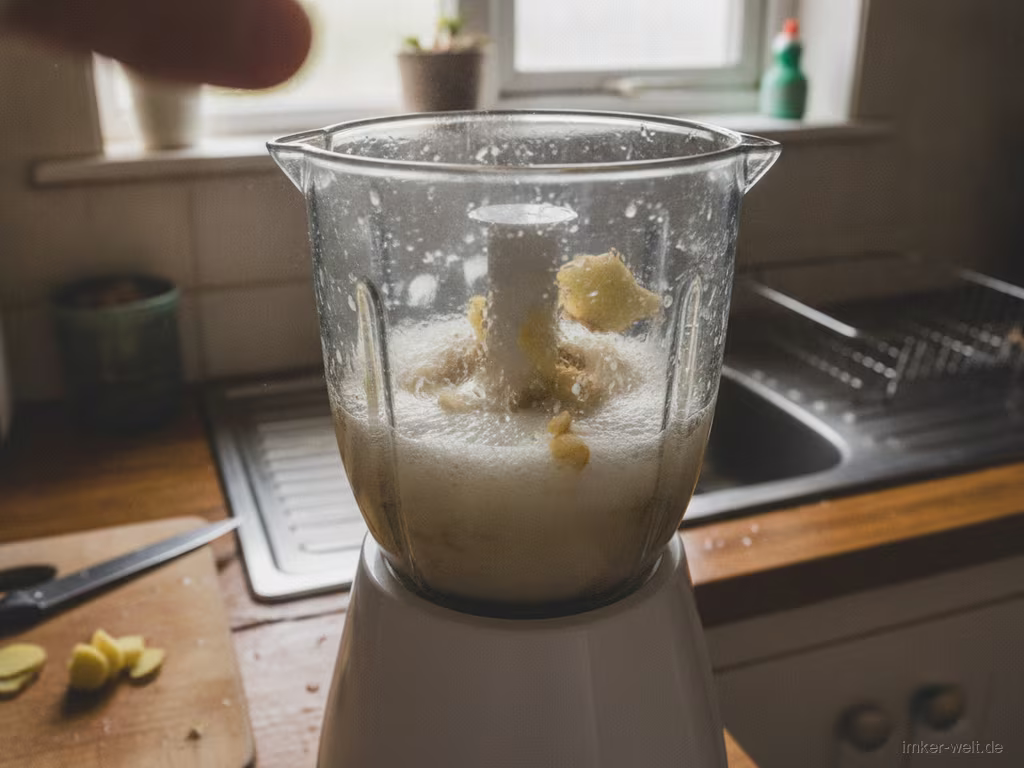 Ingwer wird mit Wasser im Mixer püriert