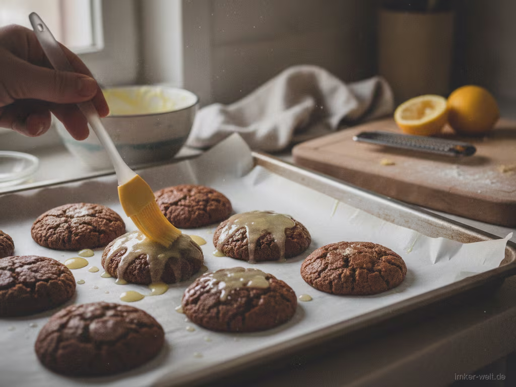 Warme Lebkuchen werden mit Zitronenguss bestrichen