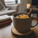 Becher warmer Met-Punsch mit Orangenscheibe, Zimtstange und Nelken