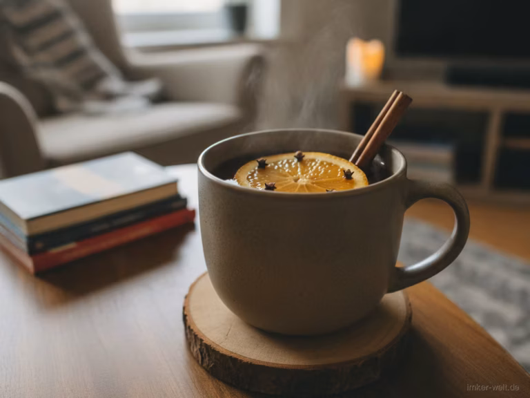 Becher warmer Met-Punsch mit Orangenscheibe, Zimtstange und Nelken