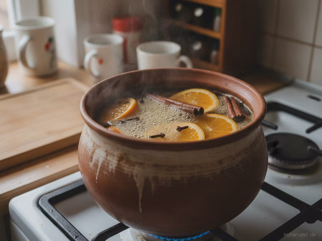 Met mit Zimt, Nelken und Orange erwärmt sich im Topf