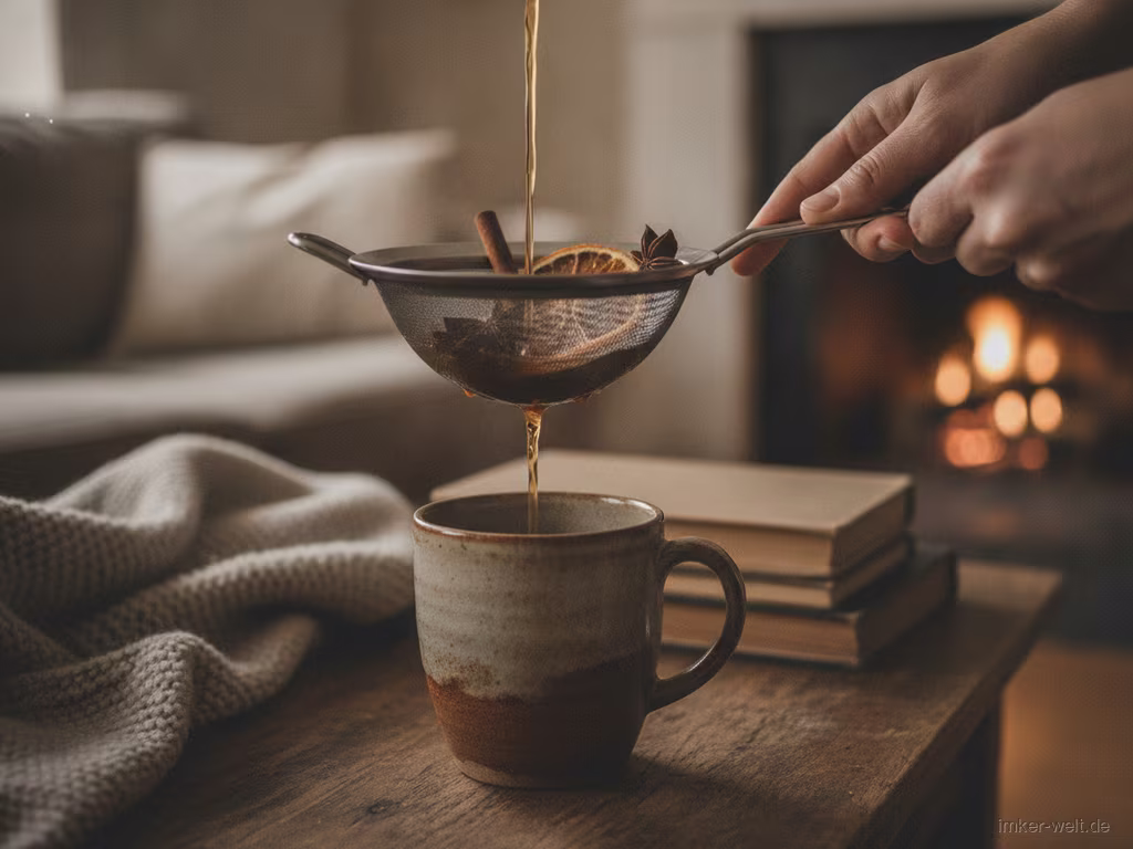 Warmer Met-Punsch wird durch ein Sieb in einen Becher gegossen