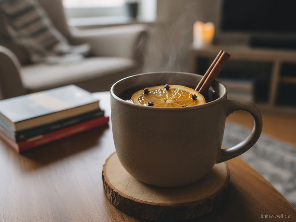 Becher warmer Met-Punsch mit Orangenscheibe, Zimtstange und Nelken