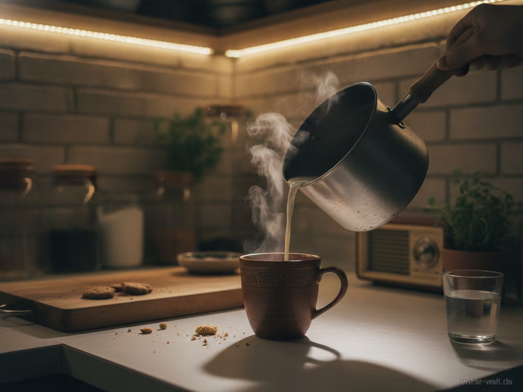 Warme Milch wird in eine Tasse gegossen
