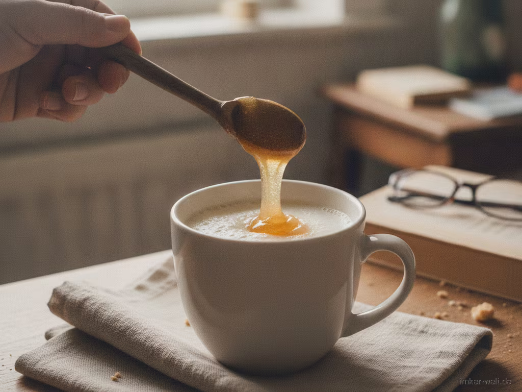 Ein Löffel Honig wird in die warme Milch gerührt