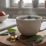 Tasse Salbeitee mit frischen Salbeiblättern und einem Löffel Honig