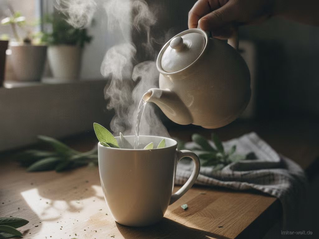Heißes Wasser wird über Salbeiblätter in einer Tasse gegossen