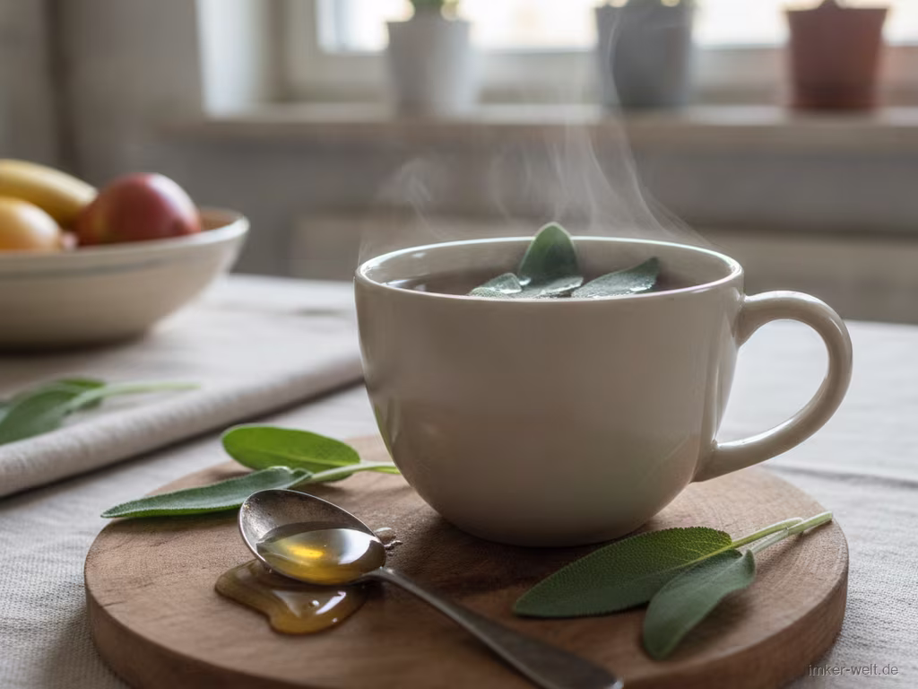 Tasse Salbeitee mit frischen Salbeiblättern und einem Löffel Honig