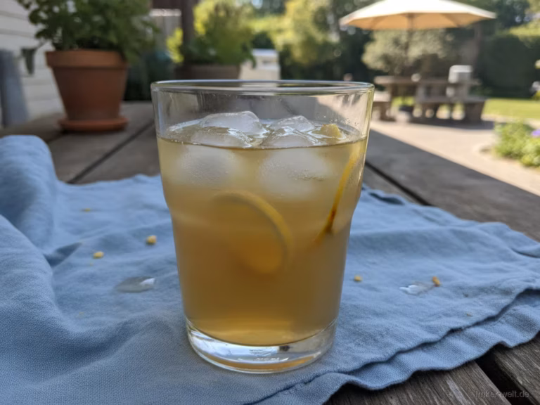 Glas Switchel mit Eis, Ingwer und Zitrone