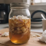 Glas mit klein geschnittenen Zwiebeln in Honig zum Ansetzen von Hustensaft