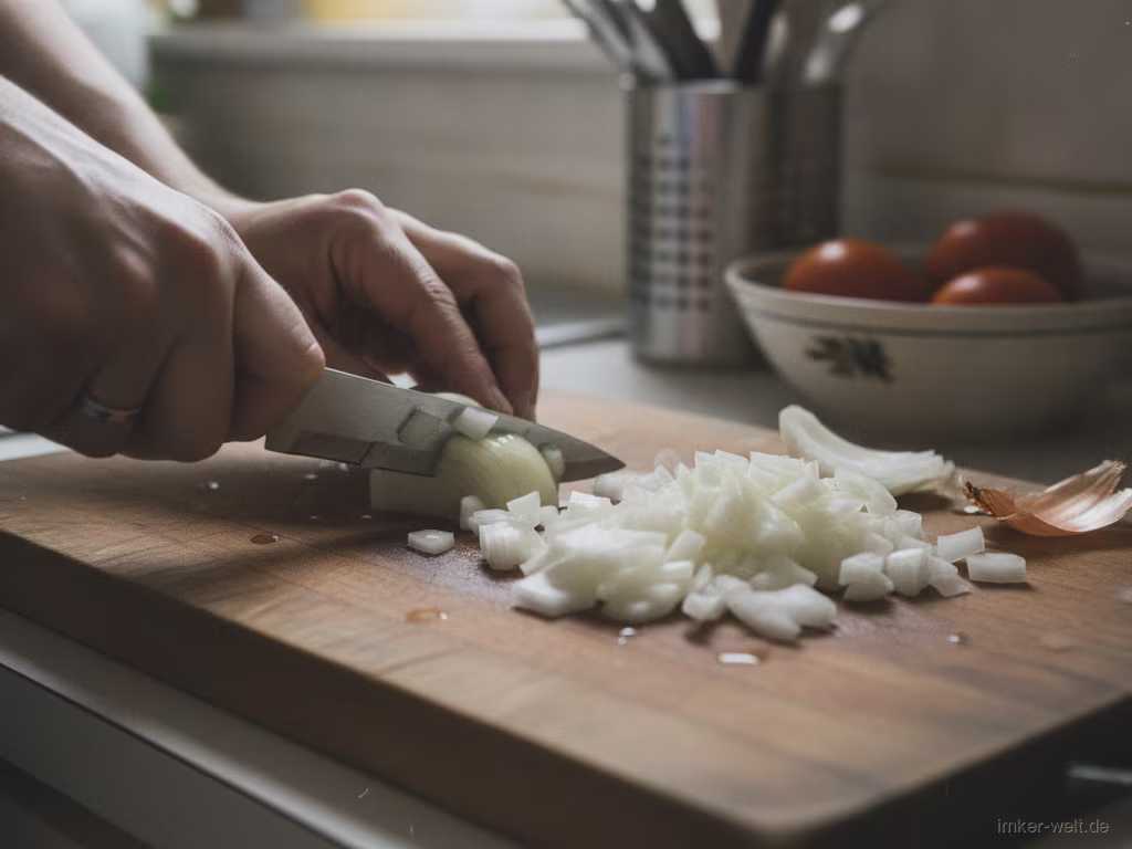 Eine Zwiebel wird in kleine Würfel geschnitten