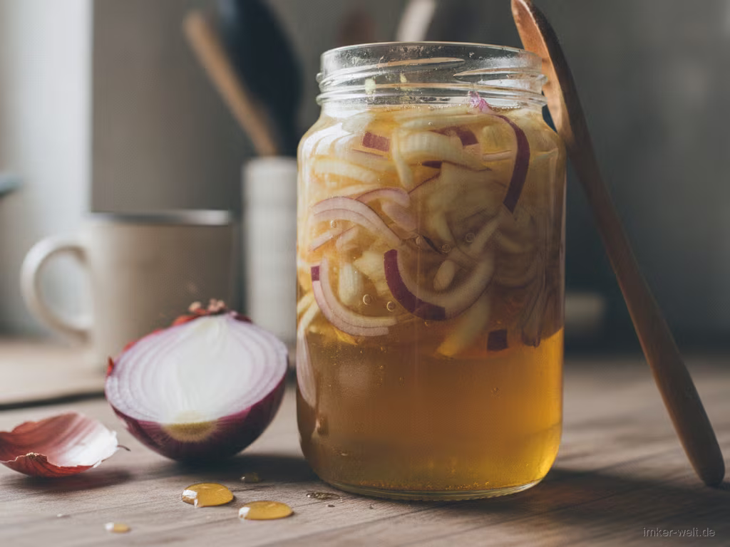 Zwiebelwürfel im Glas werden mit Honig bedeckt