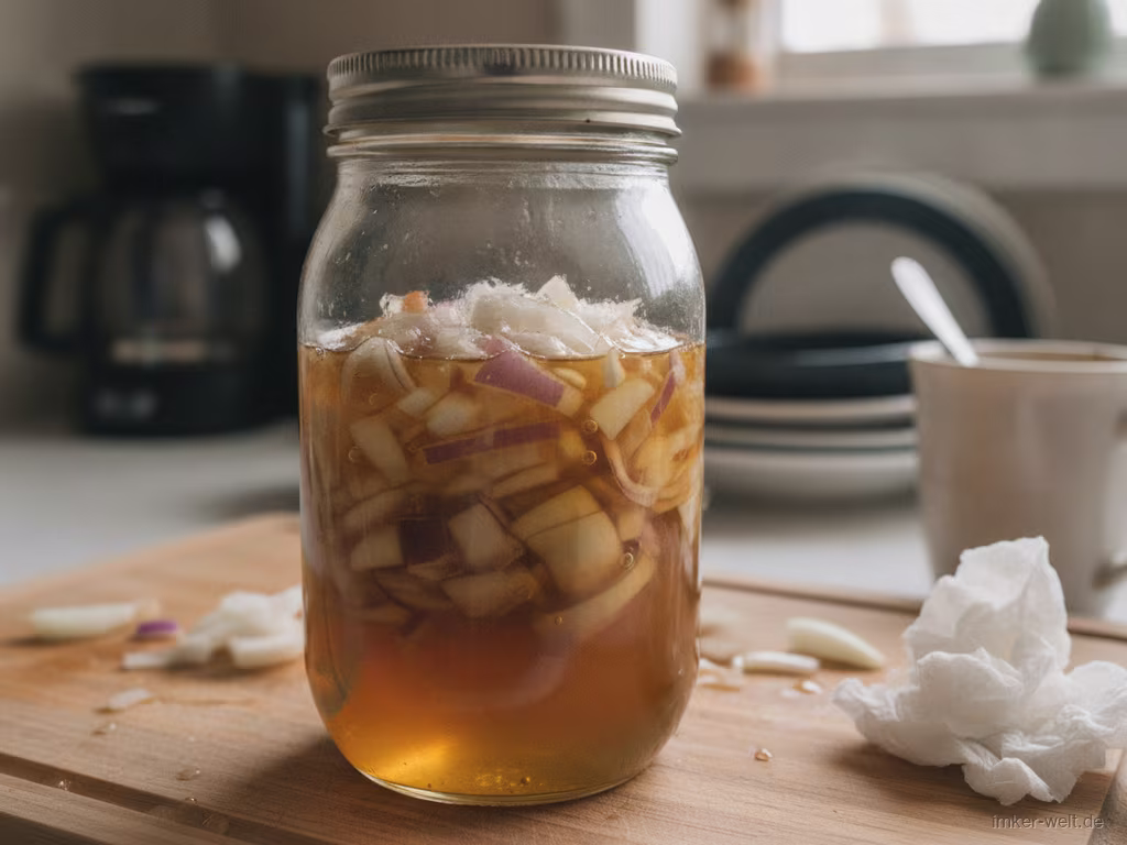 Glas mit klein geschnittenen Zwiebeln in Honig zum Ansetzen von Hustensaft