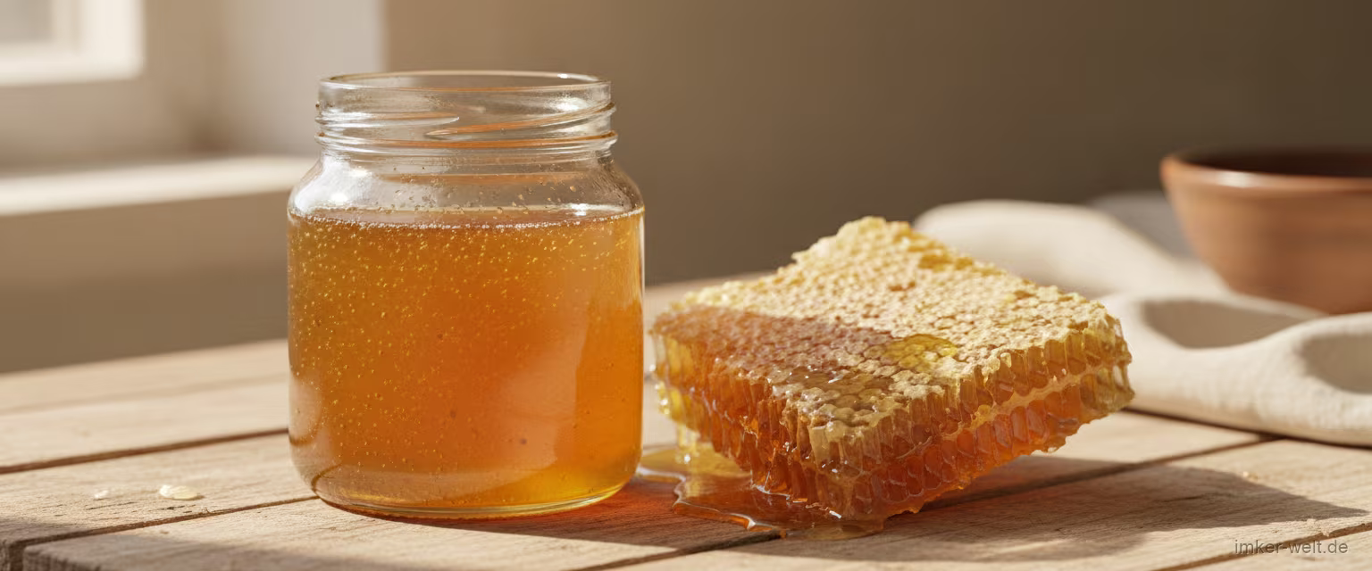 Glas mit naturtrübem rohem Honig neben einer Honigwabe auf rustikalem hellem Tisch