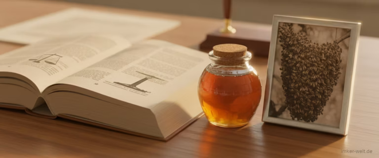 Aufgeschlagenes Gesetzbuch neben einem Honigglas und einem Foto eines Bienenschwarms auf einem Schreibtisch