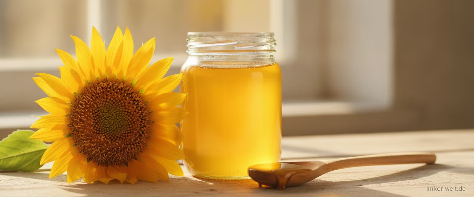 Glas leuchtend goldgelber Sonnenblumenhonig mit Löffel und einer Sonnenblume