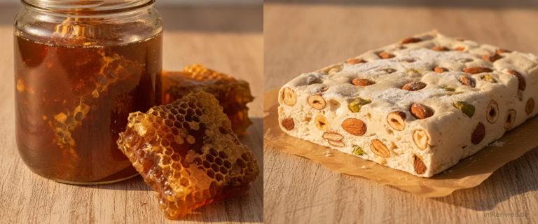 Geteiltes Bild: links dunkler türkischer Pinienhonig mit Wabe, rechts weiße Nougat-Süßware mit Nüssen
