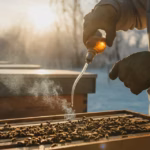Imker träufelt an einem kalten Tag Oxalsäure-Lösung zwischen die Winterbienen-Waben